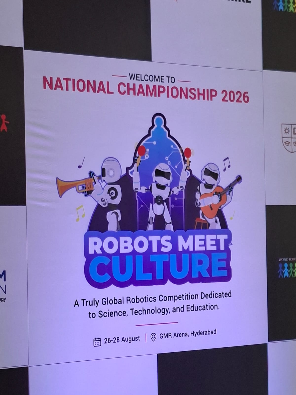 The WRO welcome board: National Championship 2026, Robots Meet Culture, 26–28 August, GMR Arena, Hyderabad.